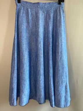 Boden Blue 100% Linen Midi A-Line Skirt Cotton Lined Chambray Look Sz US 4